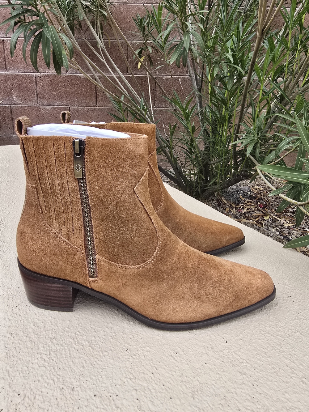 NEW IN BOX! Donald J. Pliner Suede Ankle Booties in Cognac Tan with Side Zip